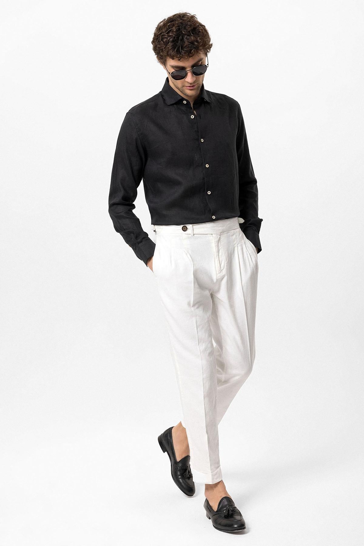 Men's Black Collar Button Detail 100% Linen  Shirt - Wessi