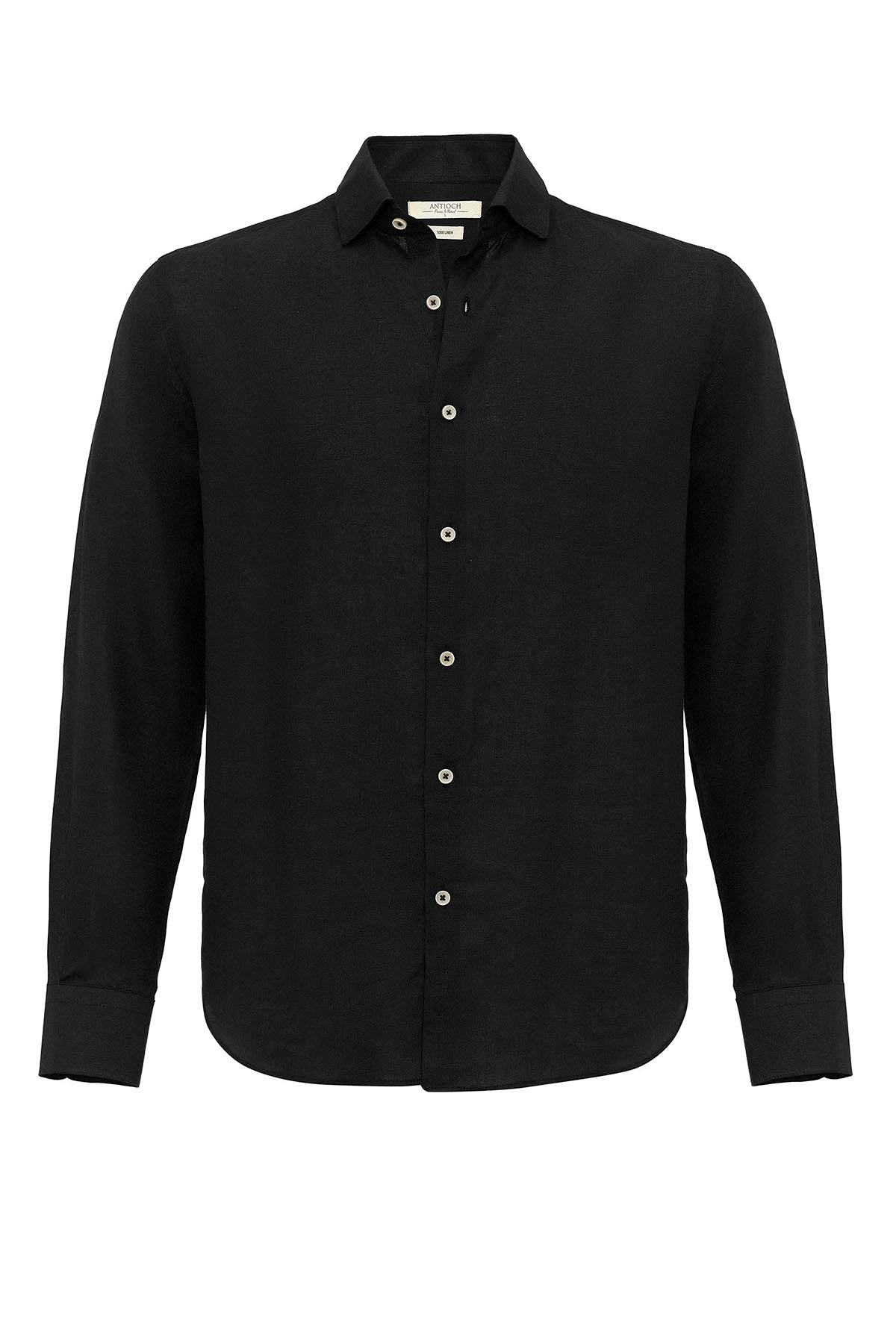 Men's Black Collar Button Detail 100% Linen  Shirt - Wessi