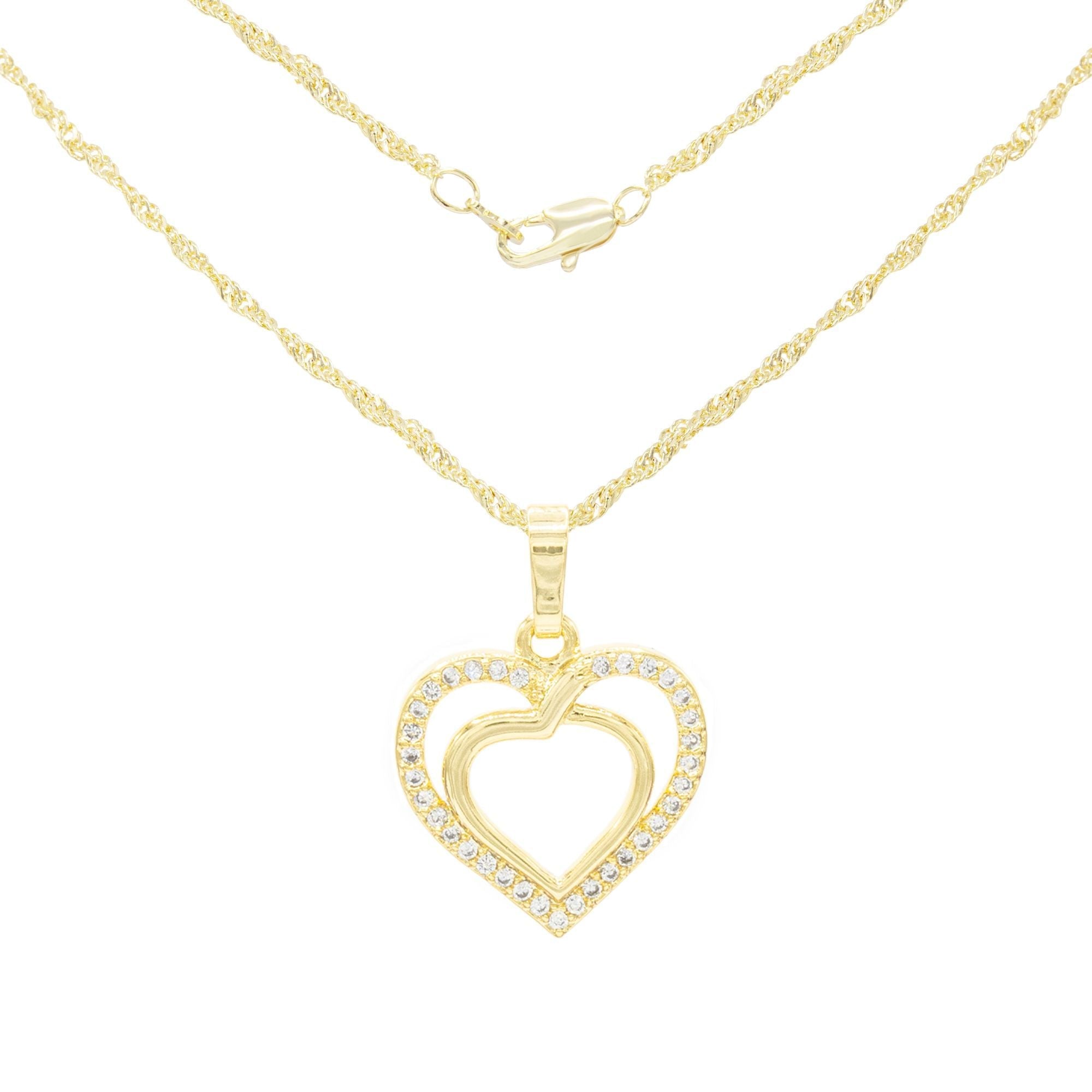 Cubic Zirconia 14K Gold Filled Twofold Heart Pendant Necklace Set